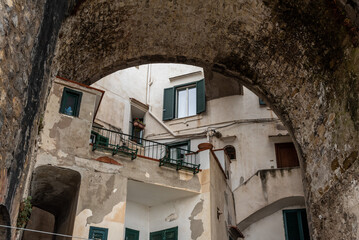 Traditional Italian houses in the town of Atrani at the Amalfi Coast, Southern Italy