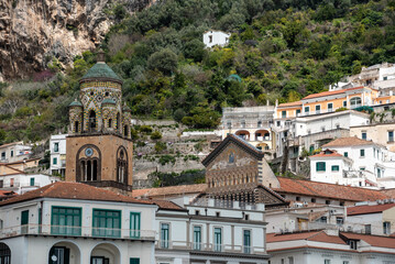Belltower of the famous cathedral in the city of Amalfi in Italy
