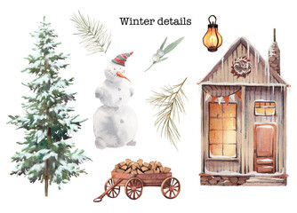 Watercolor Christmas set. Holiday winter card with snowman, christmas tree, winter cottage, fir and mistletoe floral elements isolated on white background