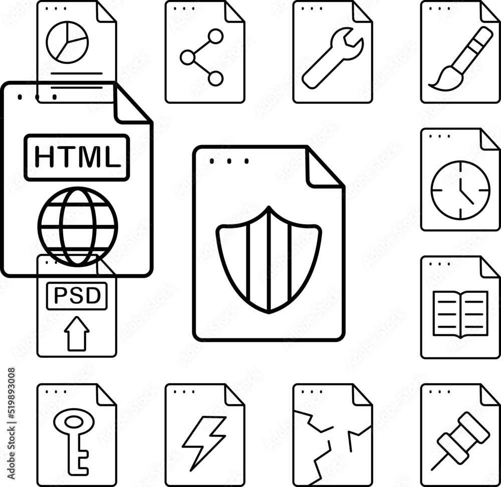 Poster file, document, shield icon in a collection with other items