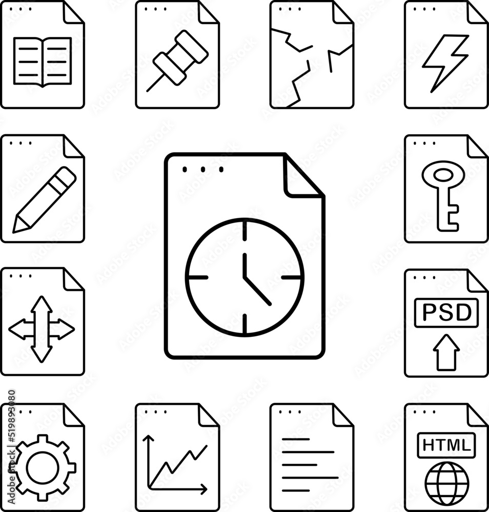 Poster file, document, clock icon in a collection with other items