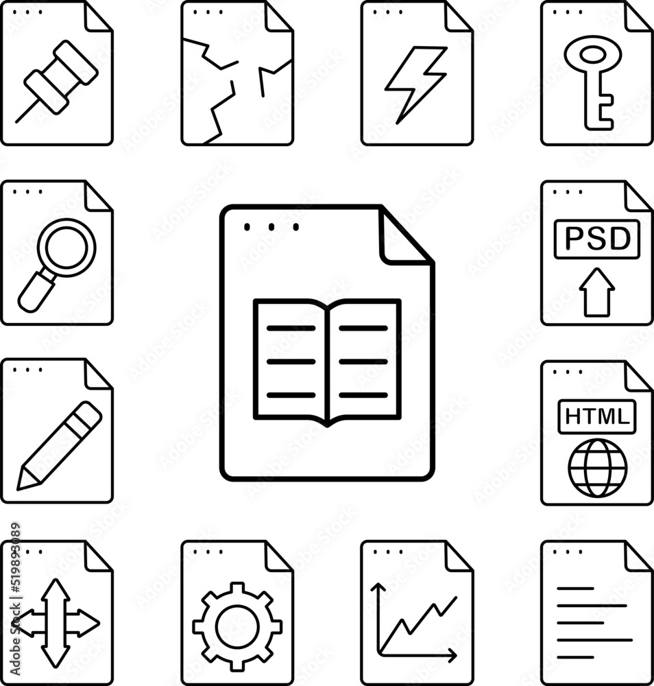 Poster file, document, book icon in a collection with other items