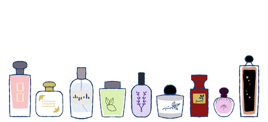 【かわいい、手描き、らくがき】いろいろな香水のイラストセット【バナー、横長、上部に余白】