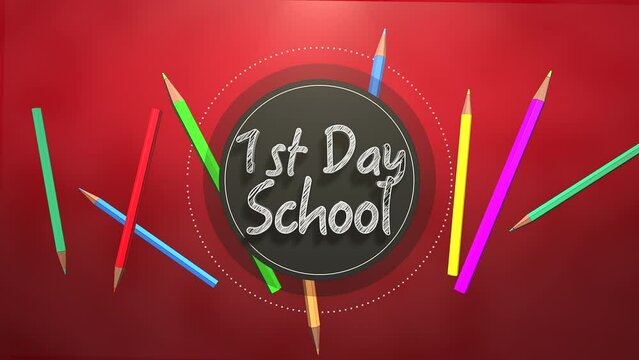 1st Day Of School with kids colorful pencils on red table, motion school and kids style background