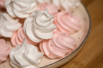 Air marshmallow homemade white and pink sweets on clay dish in wooden table home cooking homemade sweet snack healthy food