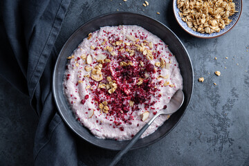 Fruity healthy muesli bowl on table