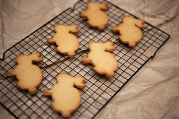 Easter bunnies gingerbread freshly baked on the table