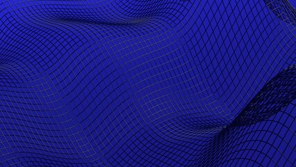 Dark blue illuminated mathematical geometric abstract wave grid under blue-black background wall paper. Architectural sculpture. 3D illustration. 3D high quality rendering. 3D CG.