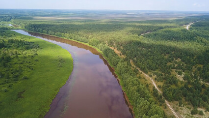 Fototapeta na wymiar Aerial view of the river and green forest under blue sky in the summer. Clip. Summer landscape with forest, green fields and wide river on a sunny day.