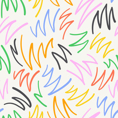 Fototapeta na wymiar Colorful line doodle seamless pattern. Creative minimalist style art background, trendy design with basic shapes. Modern abstract color backdrop.