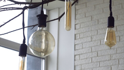 Close up for led light bulbs of different forms hanging on black wires from the ceiling in the room with white brick walls. Media. Beautiful retro light bulbs on tree branch, home decoration elements.