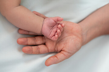 Close up mother holding hands newborn boy in a room with a lot of sunlight. Baby