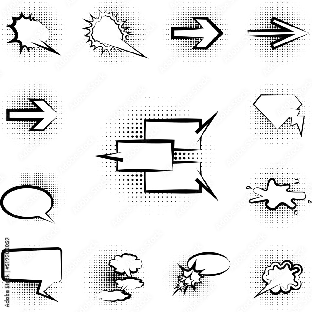 Poster pop art, speech bubble icon in a collection with other items