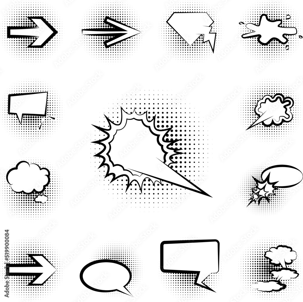 Poster pop art, speech bubble icon in a collection with other items