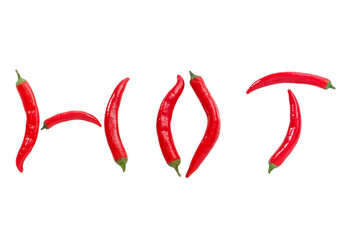 The word HOT, made up of red hot peppers