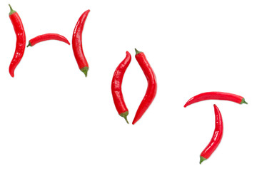 The word HOT, made up of red hot peppers