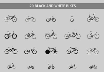 Bike black and white set. Flat set of bicycles. Kids bikes, folding, tandem, trial, downhill bike