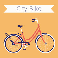 City bike for woman. Female vintage retro bicycle. Flat simple vector illustration. Concept