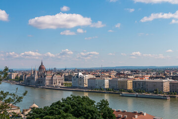 Top view of the city of Budapest in Hungary, the Danube river, bridges, the Parliament building on a warm sunny day.