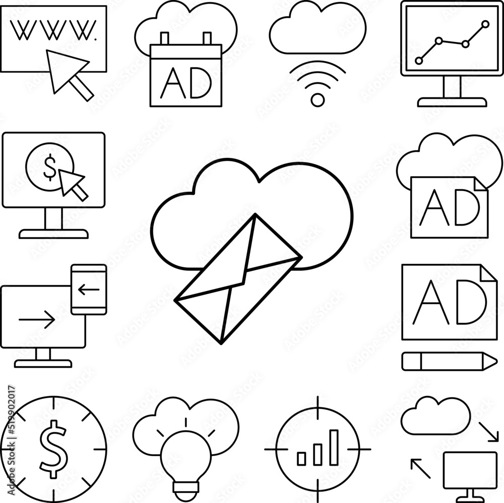 Poster cloud computing, message, seo icon in a collection with other items