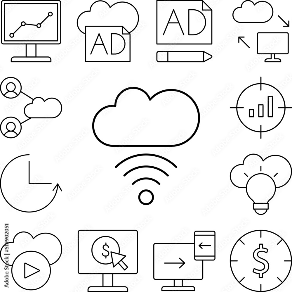 Aufkleber cloud computing, wifi, seo icon in a collection with other items