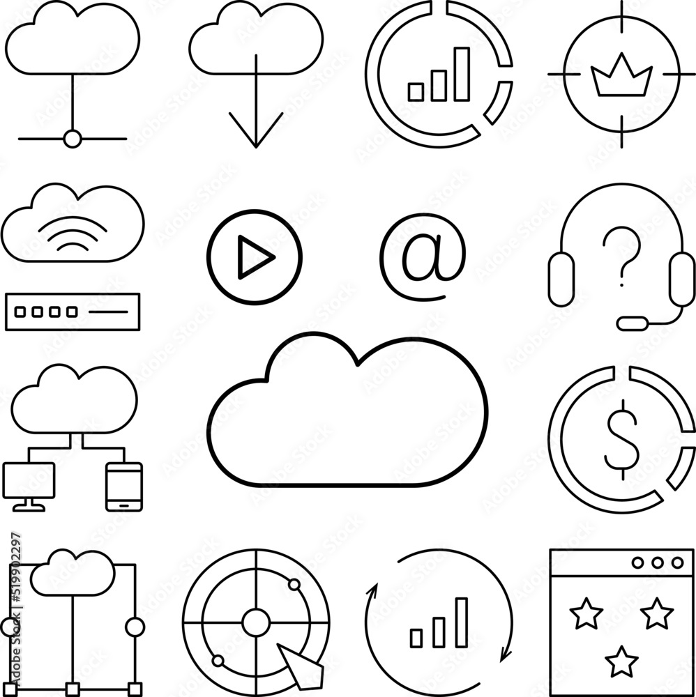 Poster cloud computing, play, mail icon in a collection with other items