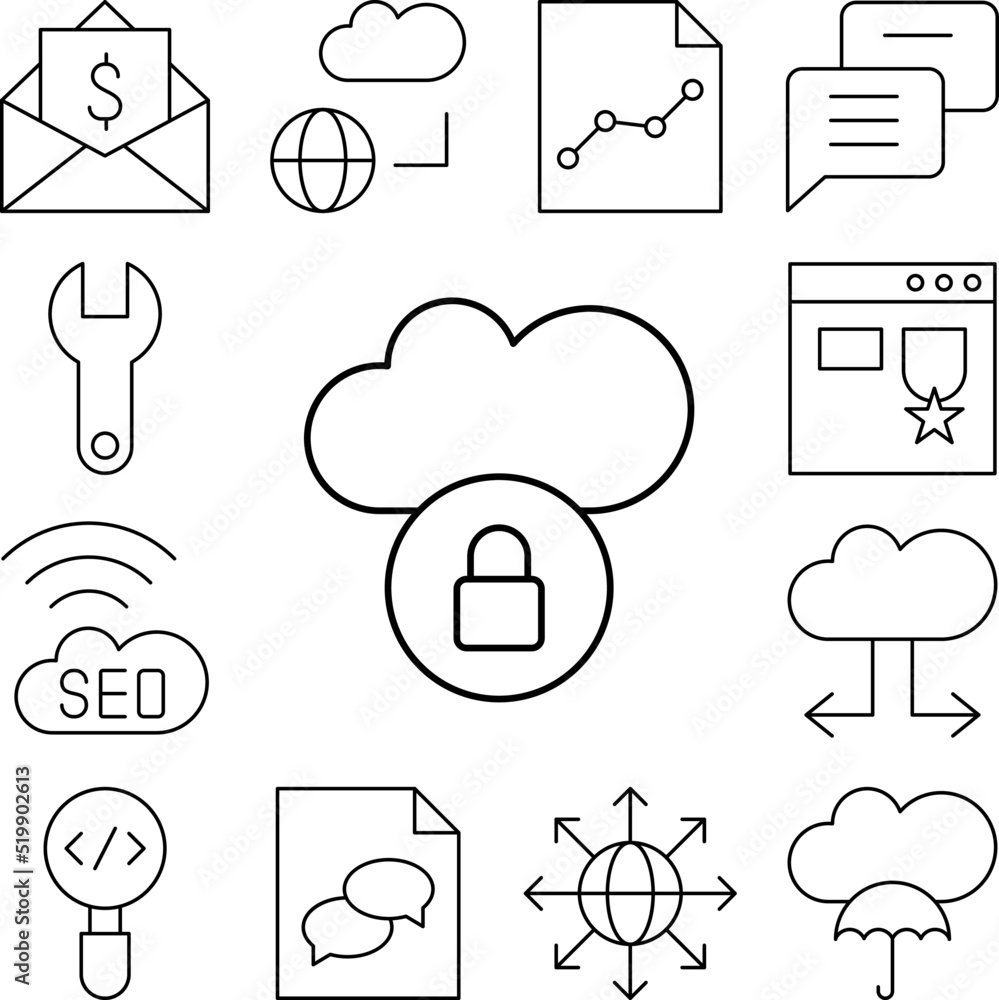 Poster cloud computing, lock, seo icon in a collection with other items