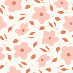 Cute and Simple Pink Flowers with Leaves Seamless Repeat Design