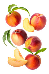 Flying ripe peaches on white background