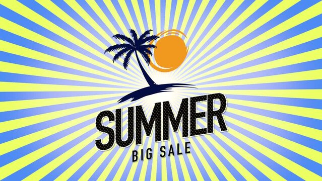 Summer Big Sale with sun and palms in sunrise, motion promotion, summer and retro style background