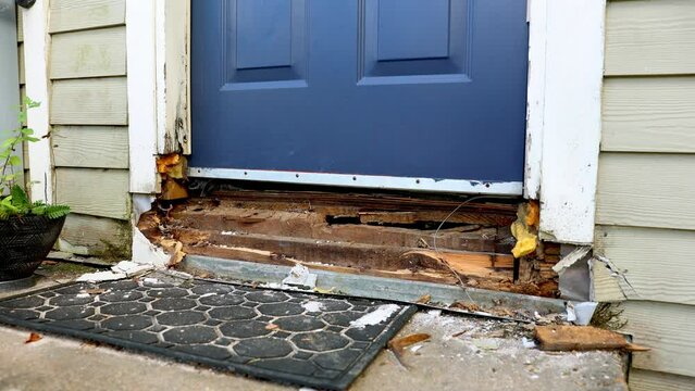 Door frame with rotten wood damaged by water