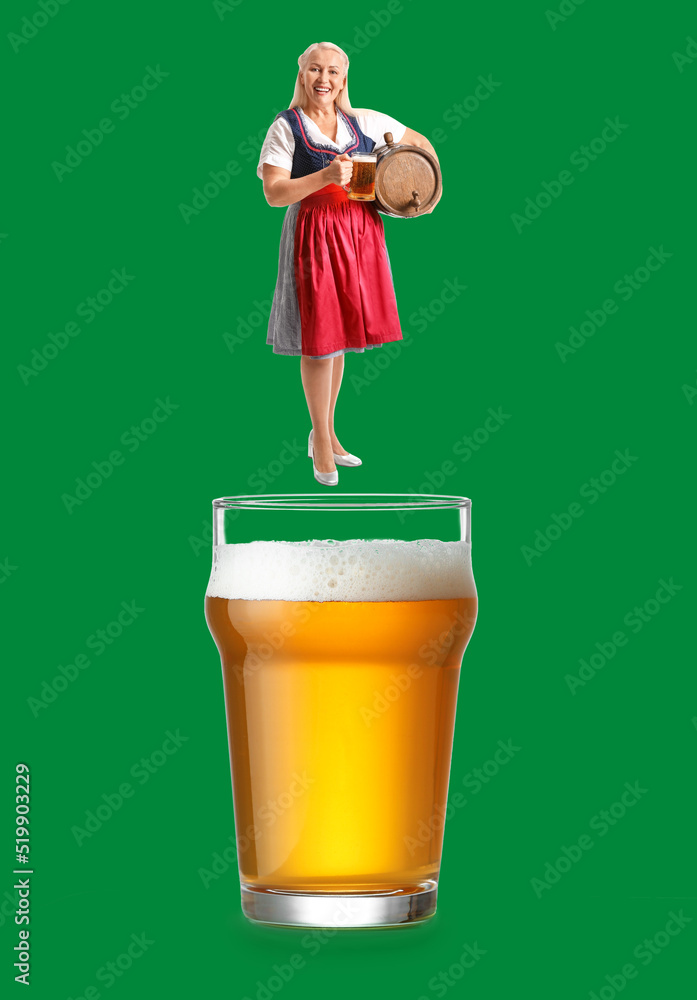 Poster collage with mature octoberfest waitress and big glass of beer on green background