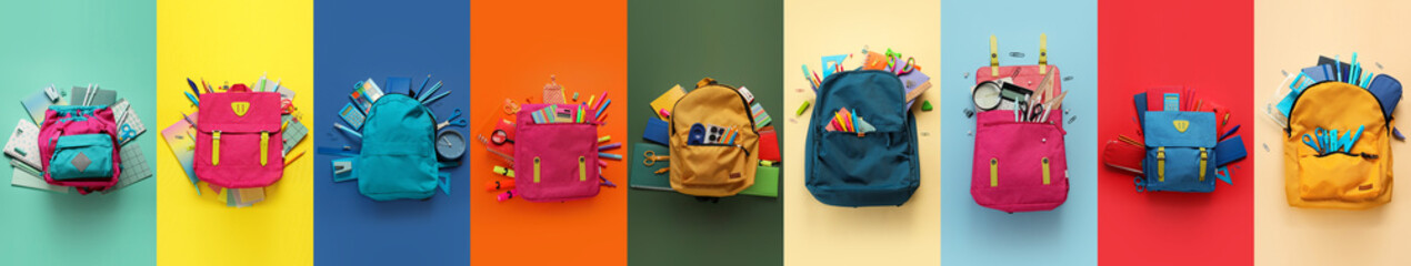 Set of school backpacks with stationery on color background