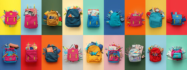 Set of school backpacks with stationery on color background - obrazy, fototapety, plakaty