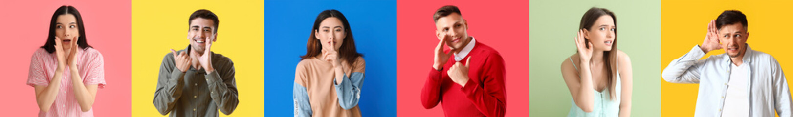 Fototapeta premium Set of gossiping people on color background