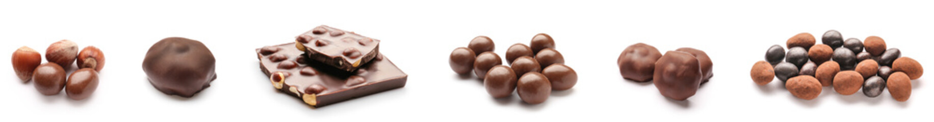 Set of sweet chocolate with nuts isolated on white