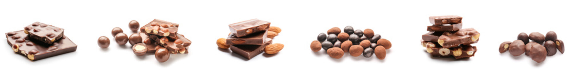 Set of sweet chocolate with nuts isolated on white