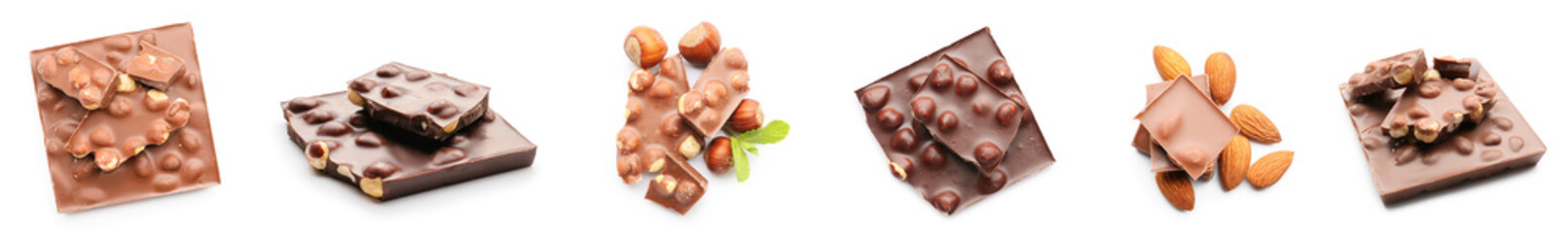Set of sweet chocolate with nuts isolated on white