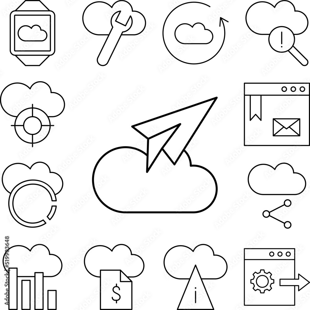 Poster cloud computing, message, seo icon in a collection with other items
