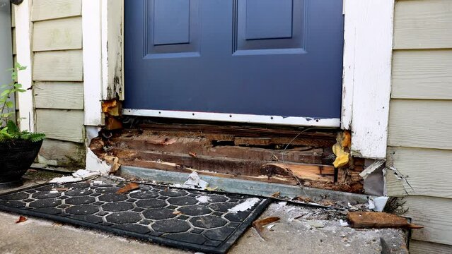 Door frame with rotten wood damaged by water