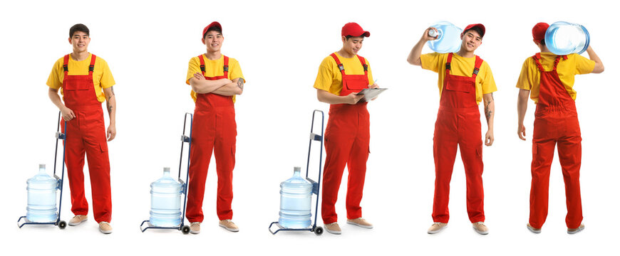 Set of Asian courier of water delivery service on white background - Powered by Adobe