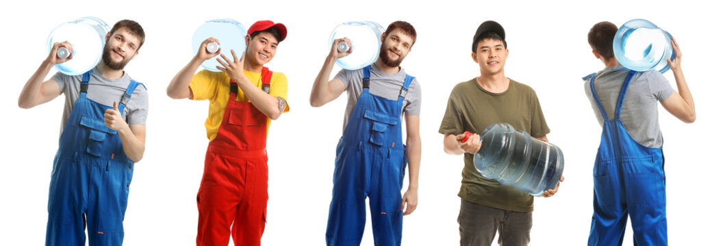 Set of couriers of water delivery service on white background - Powered by Adobe