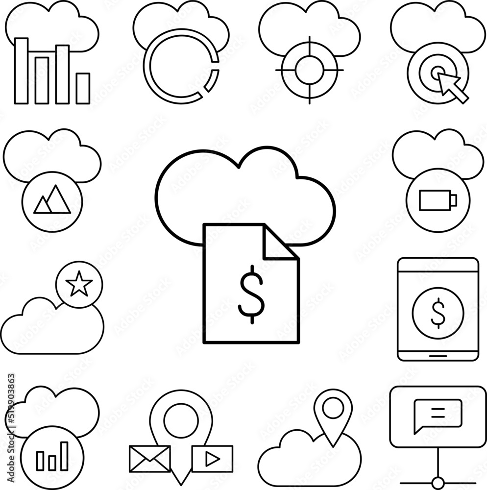 Poster cloud computing, dollar, seo icon in a collection with other items