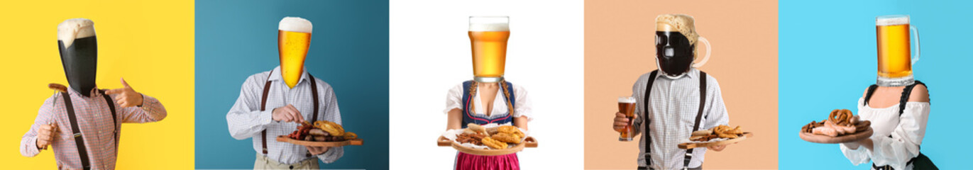 Set of people with beer instead of their heads and snacks on color background. Octoberfest...