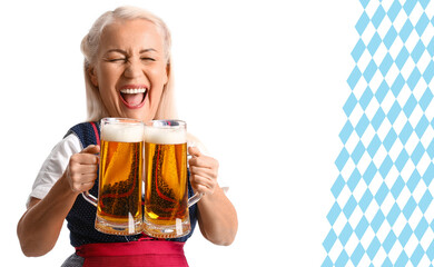 Funny Oktoberfest waitress with big head holding mugs of beer on white background