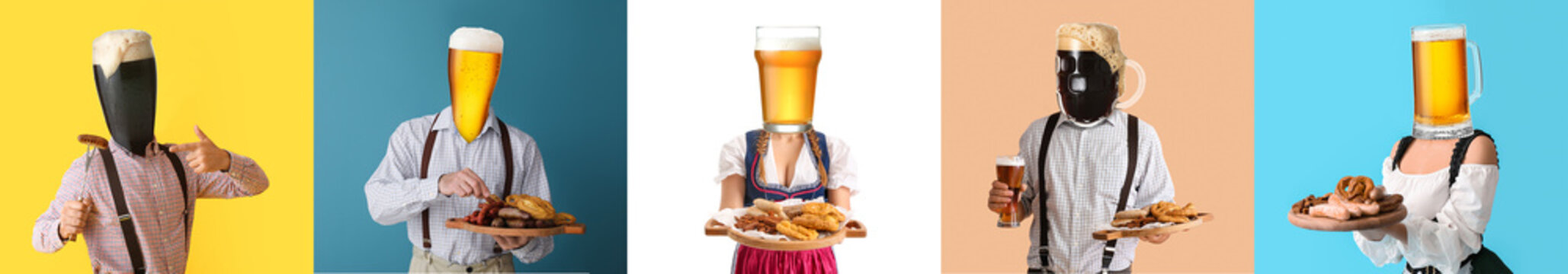 Set of people with beer instead of their heads and snacks on color background. Octoberfest celebration