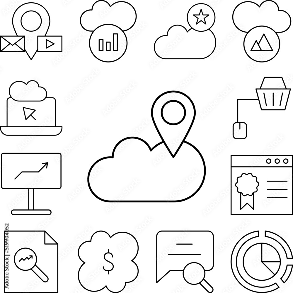 Poster cloud computing, location, seo icon in a collection with other items