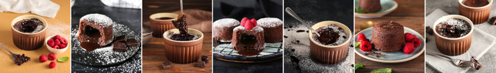 Collage of tasty chocolate lava cakes on table