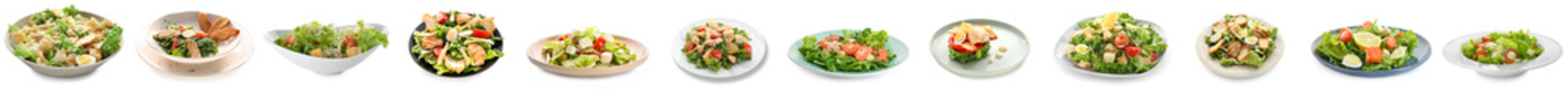 Set of tasty Caesar salad isolated on white