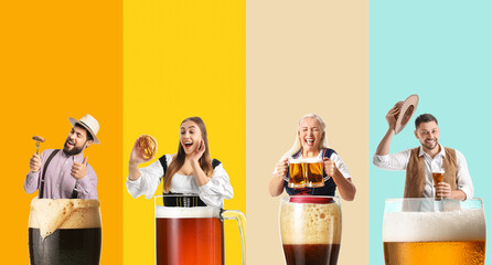 Collage with Octoberfest waitresses, men and big glasses of fresh beer on color background with...
